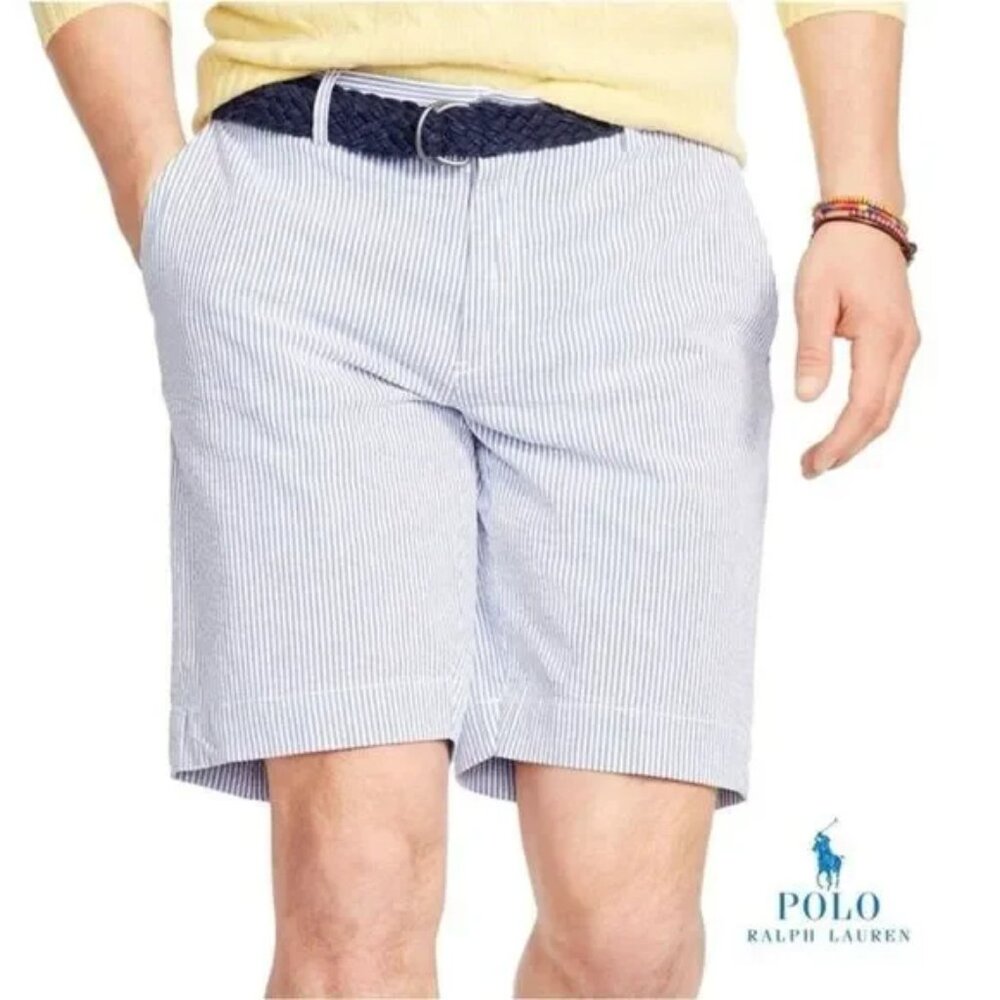 Polo Ralph Lauren Blue White Stripe Chino Classic Fit Shorts Men size 38 Preppy